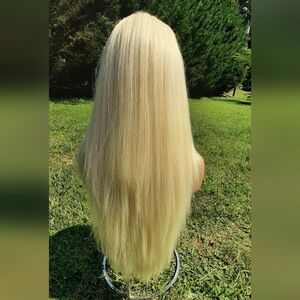 28 inches Platinum Blonde Yaki Straight lace part Wig synthetic
